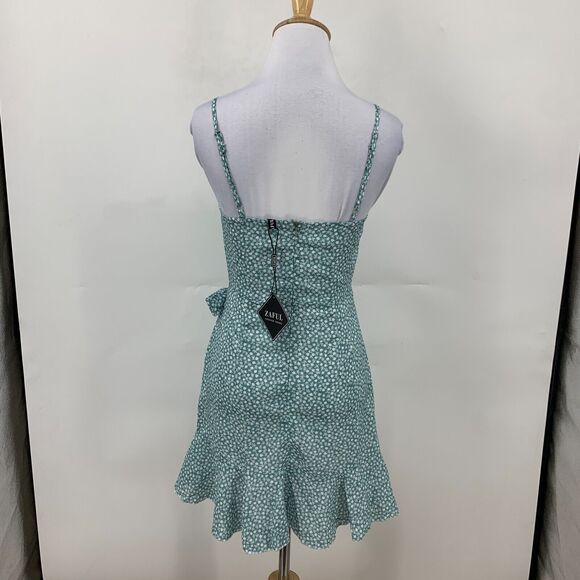 Zaful Ruffle Mini Wrap Waist Tie Dress Women 4 Green Floral Thin Straps Back Zip - Picture 5 of 16